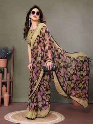 Light Olive Color Printed Work Chiffon Saree 2