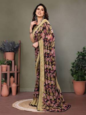 Light Olive Color Printed Work Chiffon Saree 3