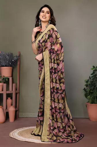 Light Olive Color Printed Work Chiffon Saree