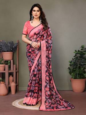 Pink Color Printed Work Chiffon Saree 1