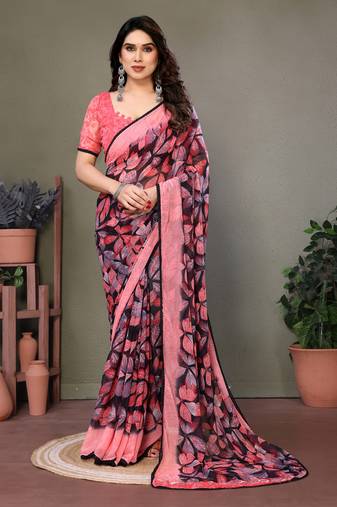 Pink Color Printed Work Chiffon Saree