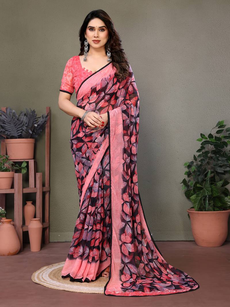 Pink Color Printed Work Chiffon Saree