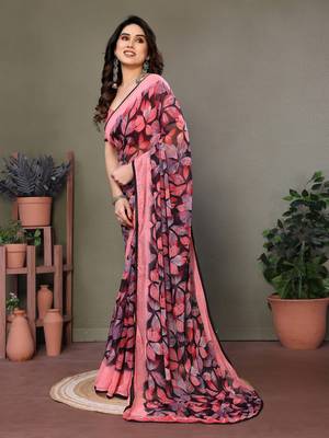 Pink Color Printed Work Chiffon Saree 2