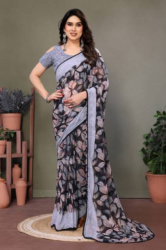 Purple Color Printed Work Chiffon Saree