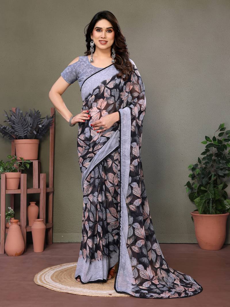 Purple Color Printed Work Chiffon Saree