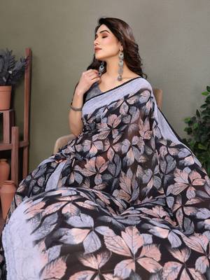 Purple Color Printed Work Chiffon Saree 2
