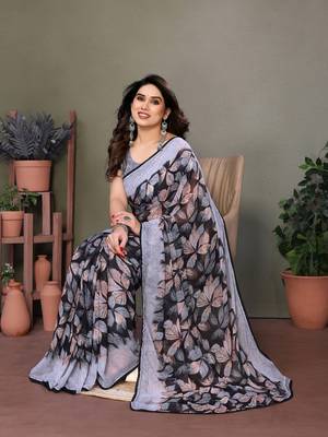 Purple Color Printed Work Chiffon Saree 3