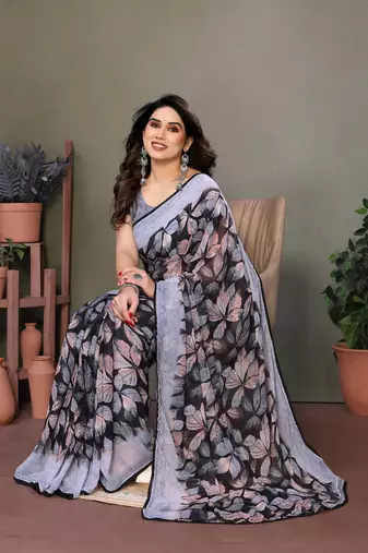 Purple Color Printed Work Chiffon Saree