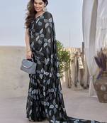 Black Color Printed Work Chiffon Saree
