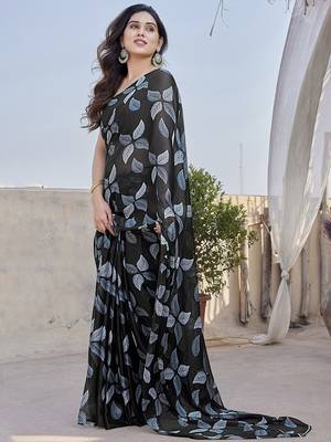 Black Color Printed Work Chiffon Saree 2
