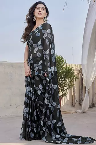 Black Color Printed Work Chiffon Saree