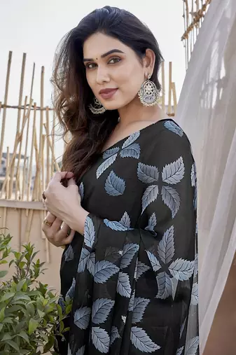 Black Color Printed Work Chiffon Saree