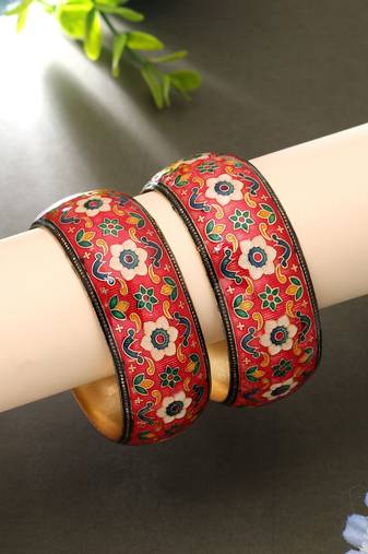 Red color hand painted meenakari bangle pair