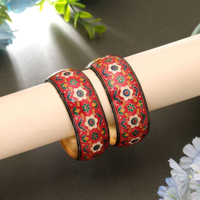 Red color hand painted meenakari bangle pair