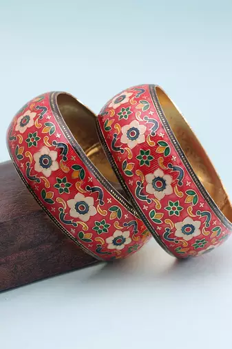 Red color hand painted meenakari bangle pair