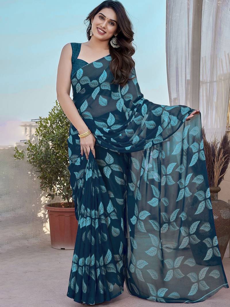 Blue Color Printed Work Chiffon Saree