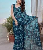 Blue Color Printed Work Chiffon Saree