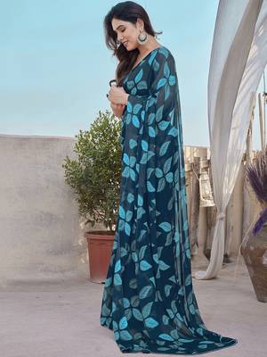 Blue Color Printed Work Chiffon Saree 2