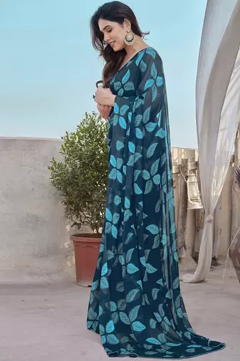 Blue Color Printed Work Chiffon Saree