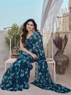 Blue Color Printed Work Chiffon Saree 3