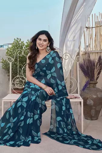Blue Color Printed Work Chiffon Saree