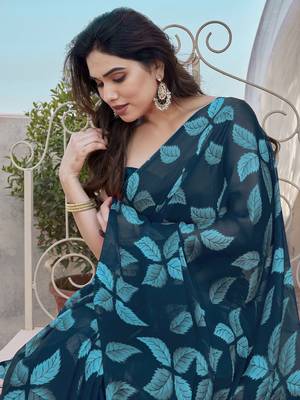 Blue Color Printed Work Chiffon Saree 4