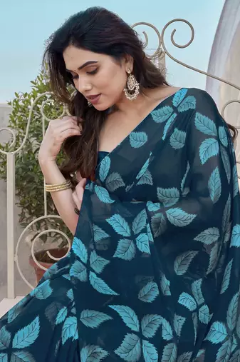 Blue Color Printed Work Chiffon Saree