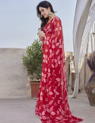 Red Color Printed Work Chiffon Saree 2