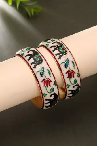 White color hand painted meenakari bangle pair