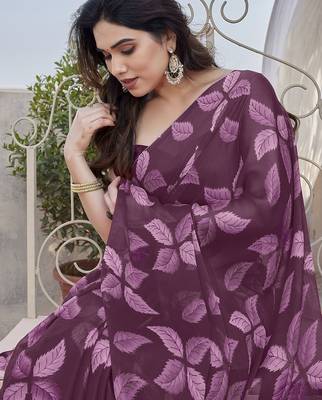 Wine Color Printed Work Chiffon Saree 4