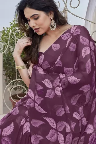 Wine Color Printed Work Chiffon Saree