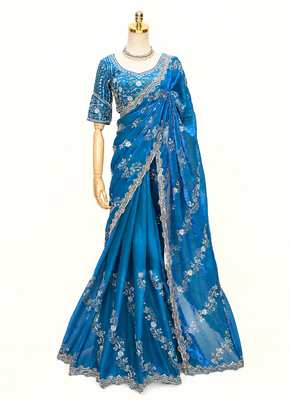 Teal blue silver bead & sequin embroidered fendi silk designer saree with unstitched blouse for wedding & party wear 3
