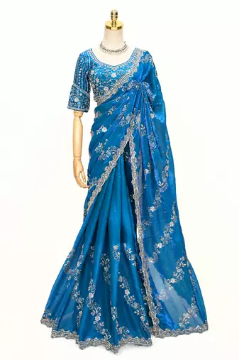 Teal blue silver bead & sequin embroidered fendi silk designer saree with unstitched blouse for wedding & party wear