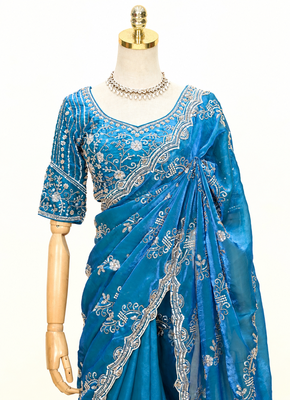 Teal blue silver bead & sequin embroidered fendi silk designer saree with unstitched blouse for wedding & party wear 4