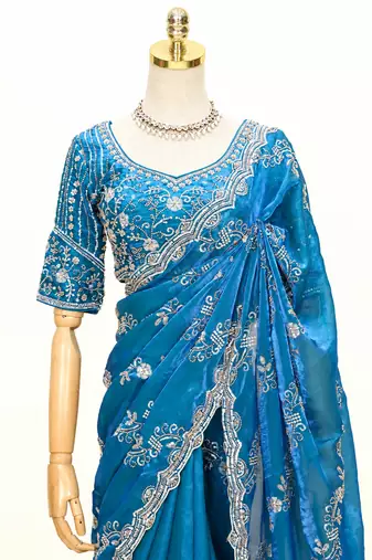 Teal blue silver bead & sequin embroidered fendi silk designer saree with unstitched blouse for wedding & party wear