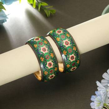 Green color hand painted meenakari bangle pair design 1