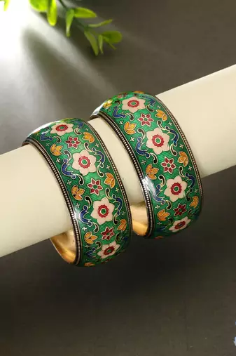 Green color hand painted meenakari bangle pair design