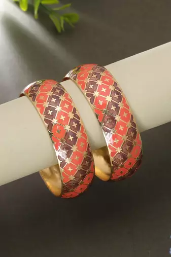 Orange & brown hand painted meenakari bangle pair