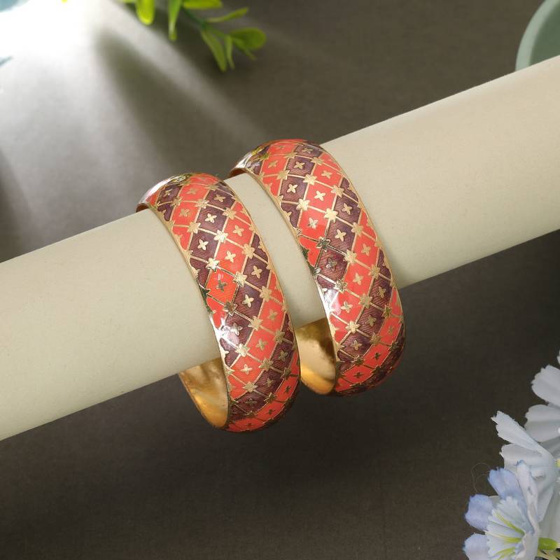 Orange & brown hand painted meenakari bangle pair
