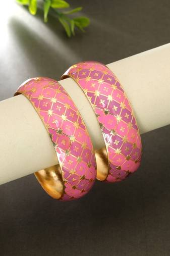 Pink color hand painted meenakari bangle pair design