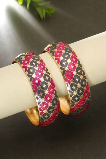 Rani & grey color hand painted meenakari bangle pair