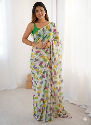 Green Color Printed Work Chiffon Saree 1