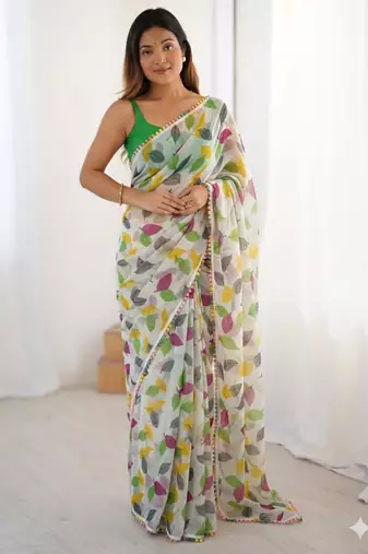 Green Color Printed Work Chiffon Saree