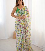 Green Color Printed Work Chiffon Saree