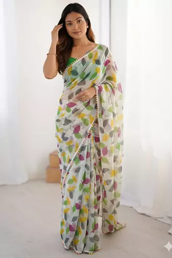 Green Color Printed Work Chiffon Saree