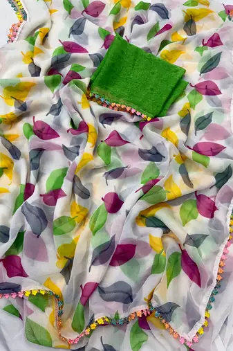 Green Color Printed Work Chiffon Saree