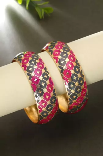 Rani & grey hand painted meenakari bangle pair style