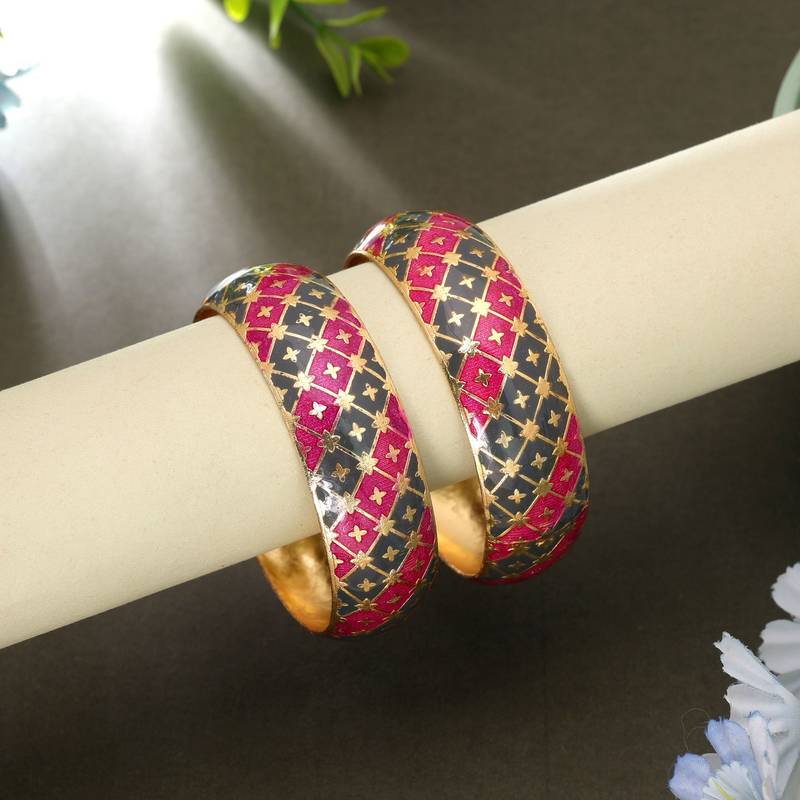 Rani & grey hand painted meenakari bangle pair style