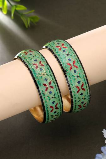 Pista green hand painted meenakari bangle pair style