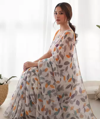 Orange Color Printed Work Chiffon Saree